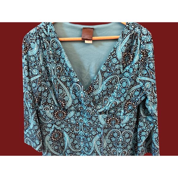 Y2K Vintage Geometric Print  Asymmetrical Hem Baby Doll Blouse Large Bohemian - Picture 2 of 5